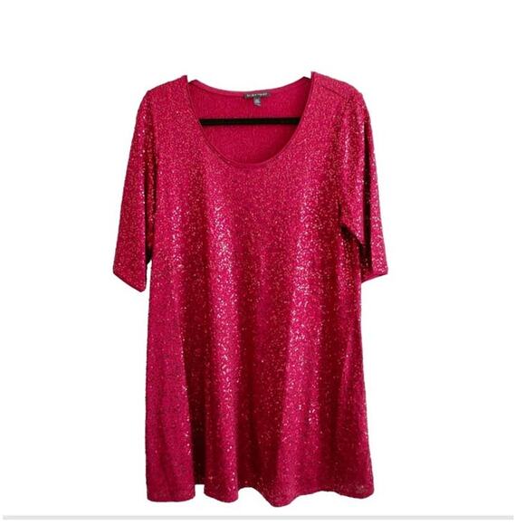 Eileen Fisher Large 100% Silk Red Sequin Tunic Elbow Sleeve Blouse Top Shirt - Picture 1 of 7